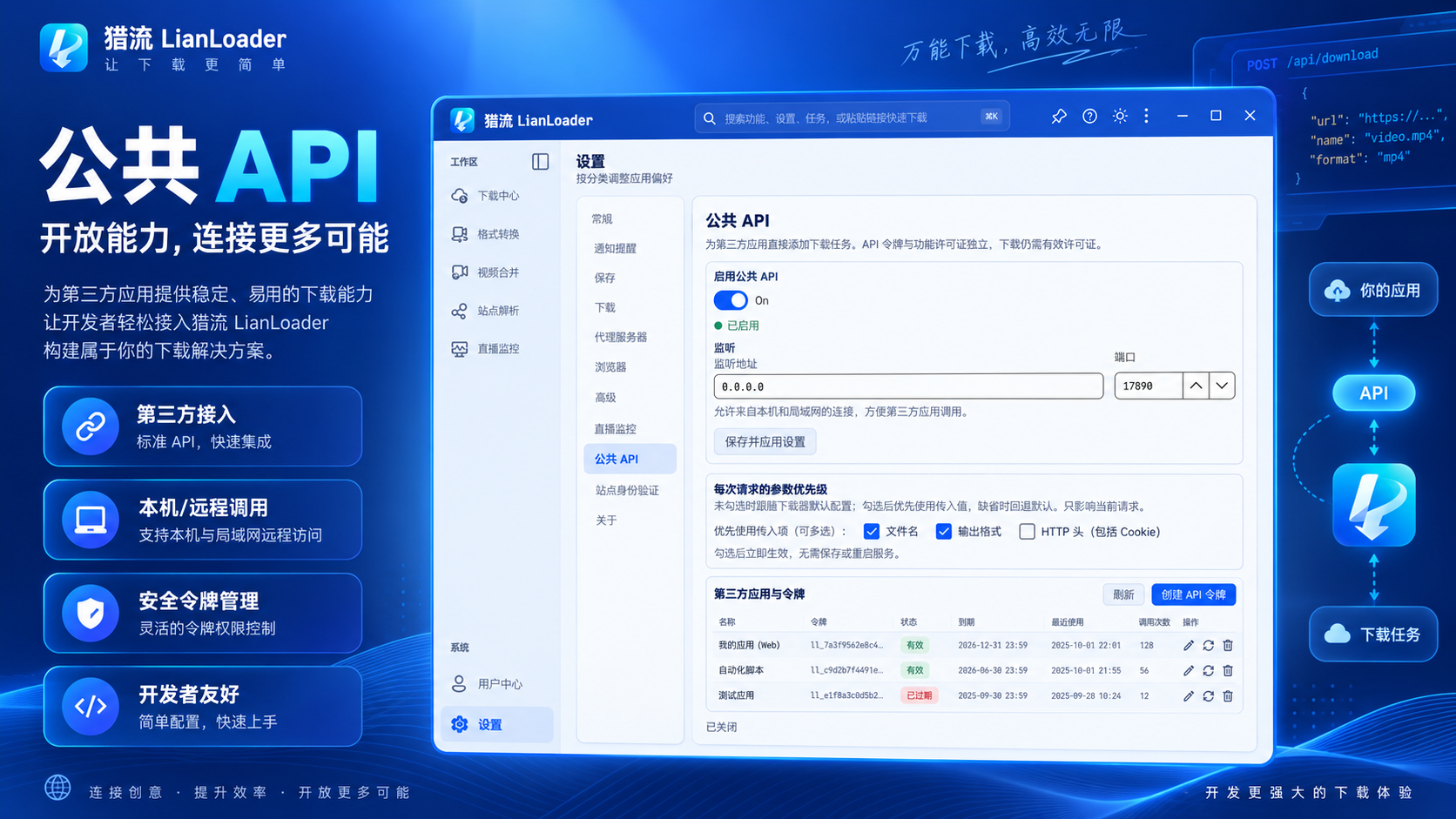 公共 API：本机与局域网调用，令牌独立管理